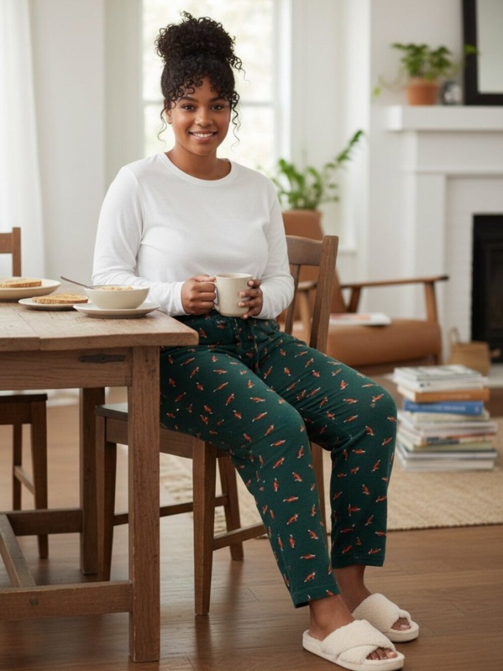 Gap Flannel PJ Pants Women L Green‎ Excellent Red Fox Print